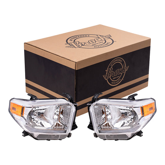 Brock Replacement Driver and Passenger Halogen Combination Headlight Assemblies with Chrome Bezel, Power Leveling and LED Daytime Running Lights Compatible with 2014-2017 Toyota Tundra