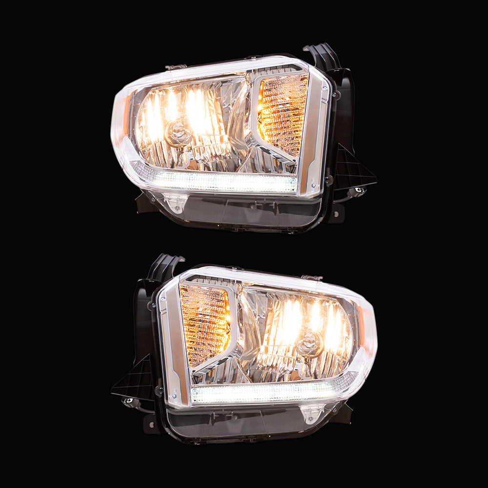 Brock Replacement Driver and Passenger Halogen Combination Headlight Assemblies with Chrome Bezel, Power Leveling and LED Daytime Running Lights Compatible with 2014-2017 Toyota Tundra