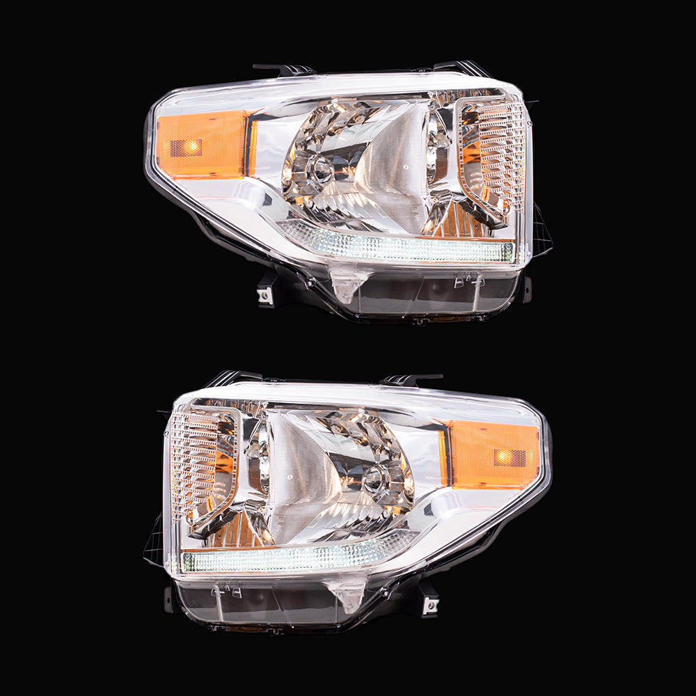 Brock Replacement Driver and Passenger Halogen Combination Headlight Assemblies with Chrome Bezel, Power Leveling and LED Daytime Running Lights Compatible with 2014-2017 Toyota Tundra