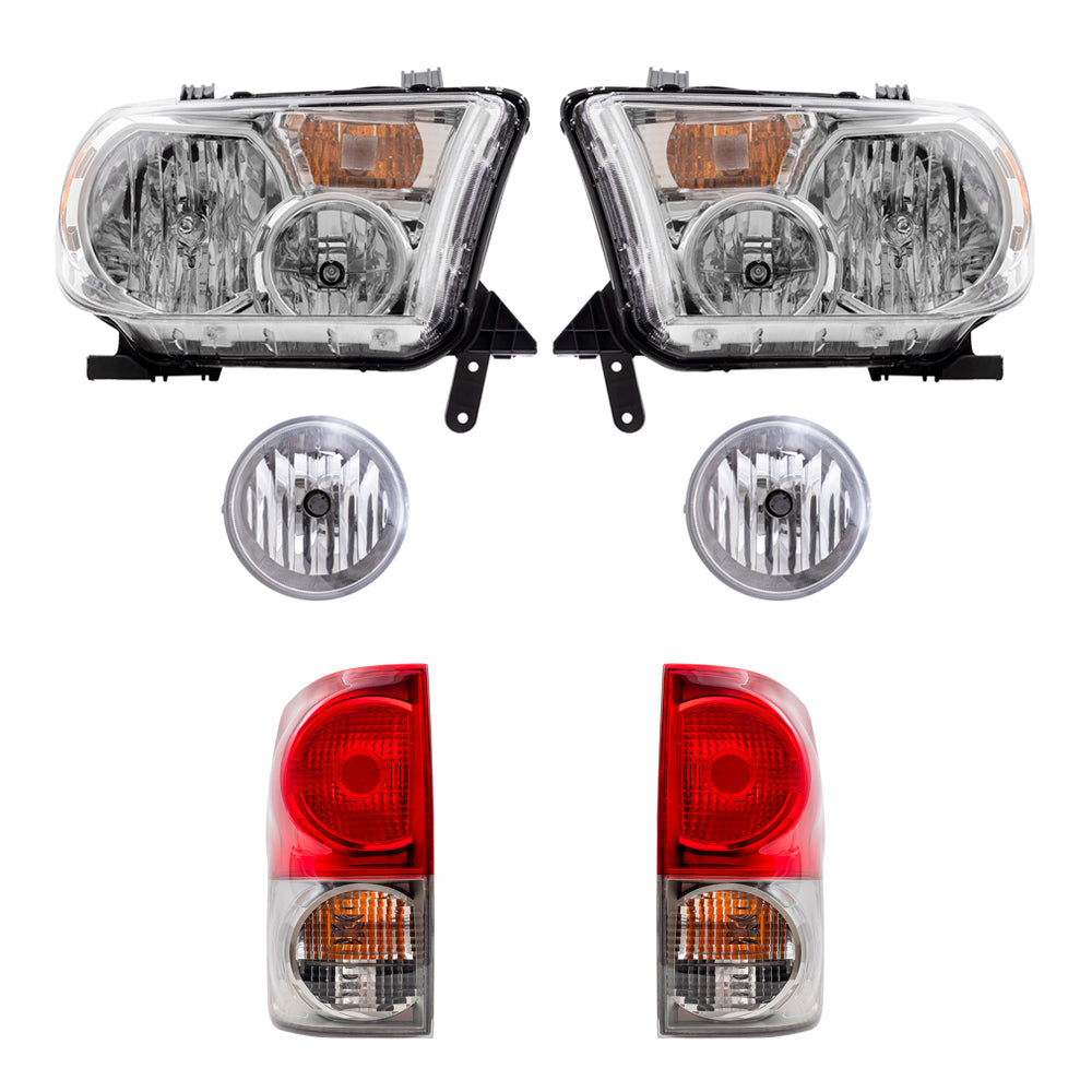 Brock Replacement Driver and Passenger Side Headlights without Level Adjuster, Fog Lights and Tail Lights 6 Piece Set Compatible with 2007-2009 Tundra