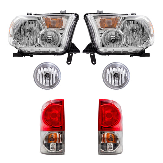 Brock Replacement Driver and Passenger Side Headlights without Level Adjuster, Fog Lights and Tail Lights 6 Piece Set Compatible with 2007-2009 Tundra