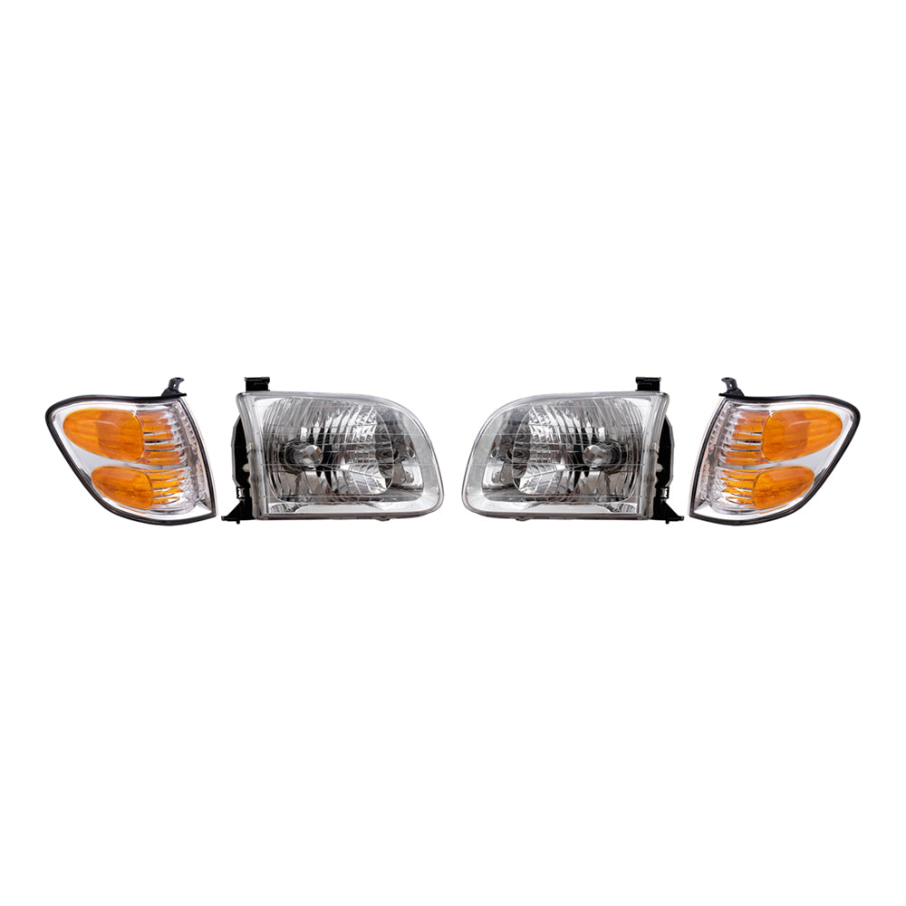 Brock Replacement Driver and Passenger Side Halogen Headlight Assemblies and Signal Light Assemblies 4 Piece Set Compatible with 2001-2004 Sequoia & 2004 Tundra Double Cab