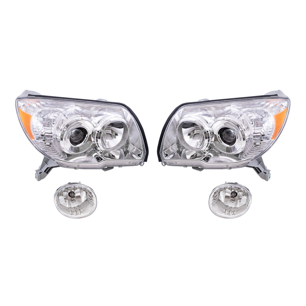 Brock Replacement Driver and Passenger Side Halogen Combination Headlights with Chrome Bezel and Fog Lights 4 Piece Set Comaptible with 2006-2009 4Runner Limted/SR5