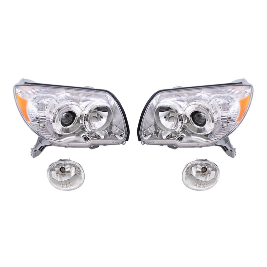 Brock Replacement Driver and Passenger Side Halogen Combination Headlights with Chrome Bezel and Fog Lights 4 Piece Set Comaptible with 2006-2009 4Runner Limted/SR5