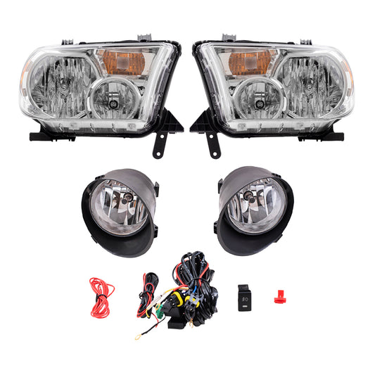 Brock Replacement Driver & Passenger Side Headlights without Level Adjuster and Fog Lights with Clear Lens, Bulbs, Bezels, Wiring, and Switches 4 Piece Set Compatible with 2007-2013 Tundra