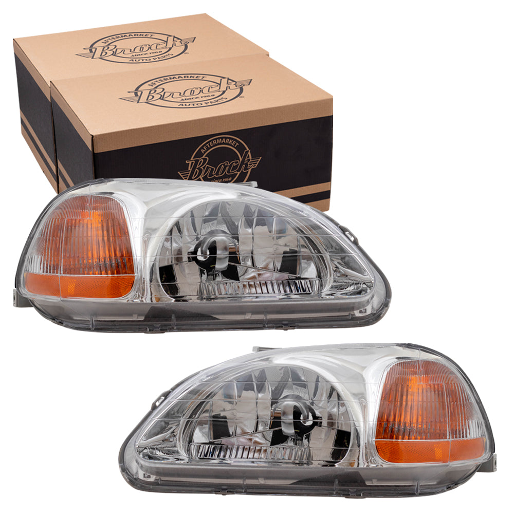 Brock Replacement Driver and Passenger Halogen Headlights Compatible with 1996 1997 1998 Civic 33151-S01-305 33101-S01-305