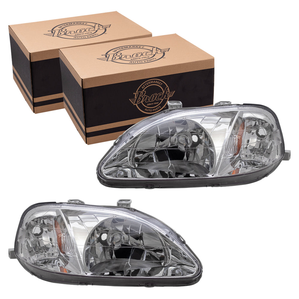 Brock Replacement Driver and Passenger Halogen Headlights Lens Compatible with 1999-2000 Civic 33151S01A02 33101S01A02