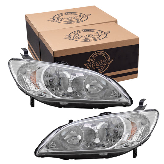 Brock Replacement Driver and Passenger Halogen Headlights Headlamps Compatible with 2004-2005 Civic 33151-S5A-A51 33101-S5A-A51