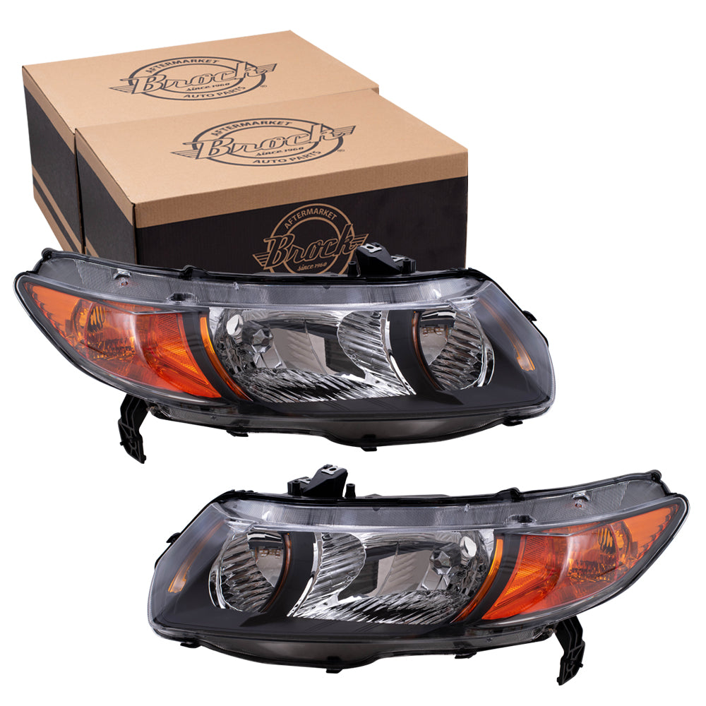 Brock Replacement Driver and Passenger Halogen Headlights Headlamp Units Compatible with 2006-2009 Civic Si 2.0L 33151SVBA01 33101SVBA02