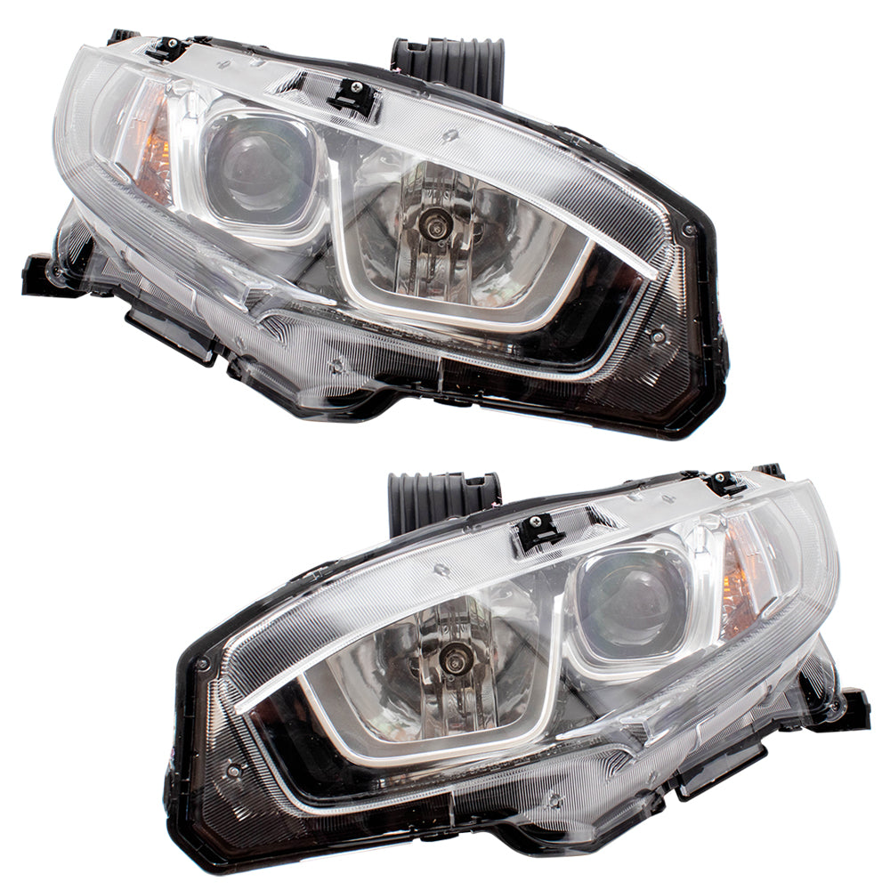 Brock Replacement Set Halogen Headlights with Chrome Bezels Compatible with 2016-2019 Civic Sedan Coupe Hatchback