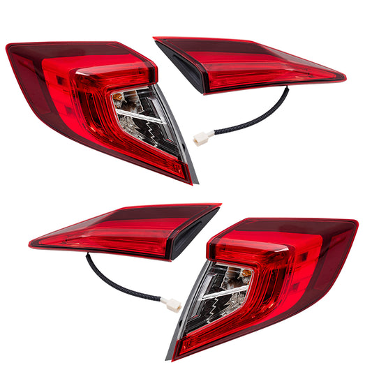 Brock 7222-0055LRC4 Rear Driver Side Left Passenger Side Right Combination Tail Light Assembly 4 Piece Set For 2016-2021 Honda Civic Sedan