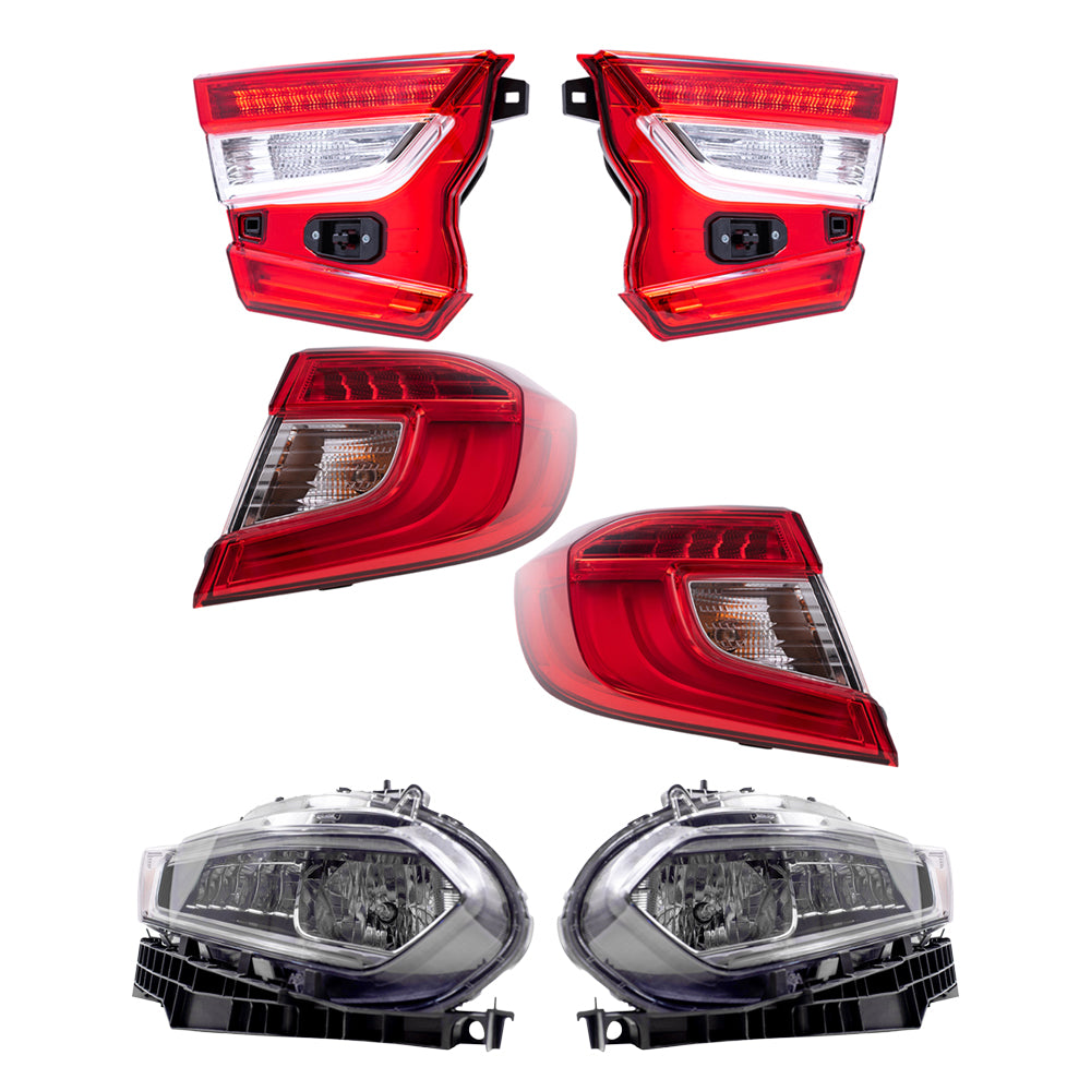 Brock 7222-0060LRC6 Tail Light & Headlight Assembly 6 Piece Set Compatible With 2018-2022 Honda Accord Sedan Except Touring 2021-2022 Honda Accord Hybrid Except Touring