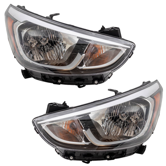 Brock Replacement Pair Headlights Driver and Passenger Halogen Combination Lamp Set Compatible with 2015-2017 Accent 92101-1R710 92102-1R710