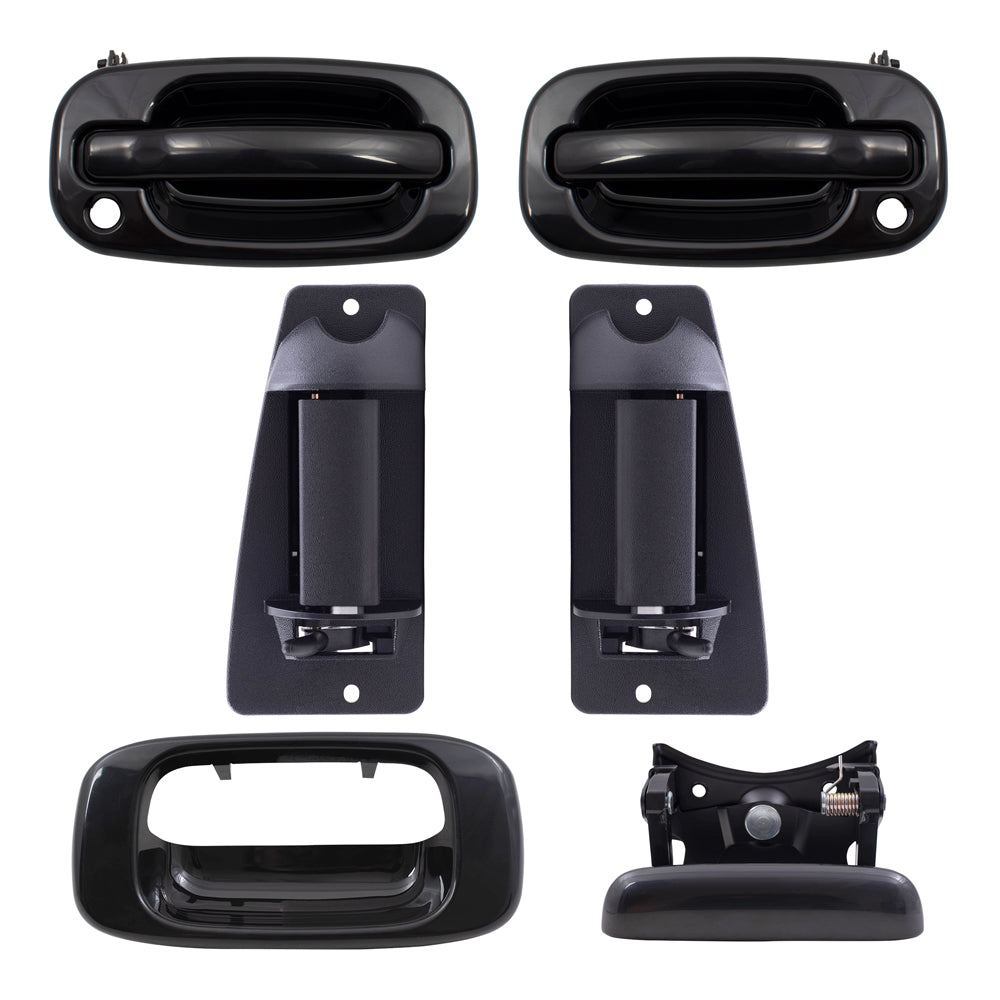 Brock Replacement Front and Rear Outside Door Handles, Tailgate Handle and Tailgate Handle Bezel 6 Piece Set Compatible with 1999-2007 Silverado & 1999-2007 Sierra Extended Cab ONLY