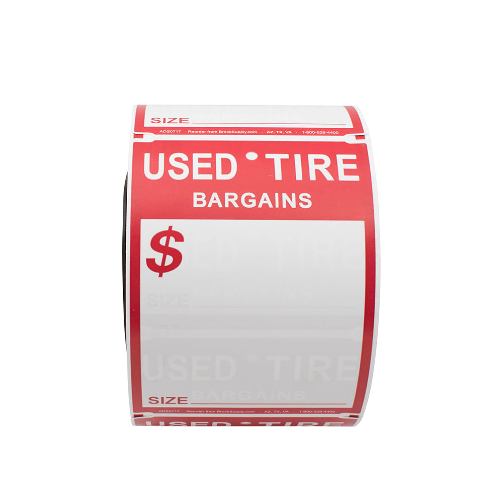 Staple-ON or Tape-ON Labels 500 Pc Roll Set Used Tire Tag Sales Red & White 4" x 5 1/2" 3/8" Wire Hole w/Marker for Auto Tire Retail Shops