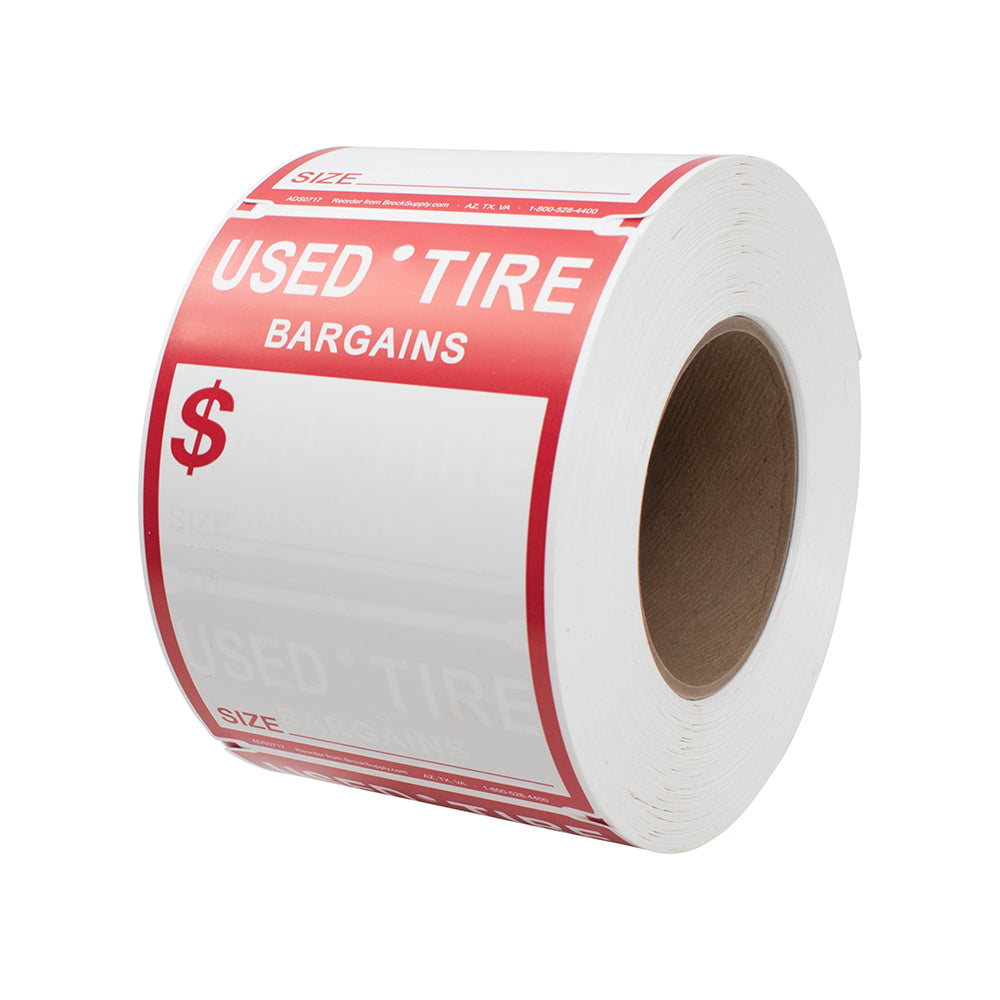 Staple-ON or Tape-ON Labels 500 Pc Roll Set Used Tire Tag Sales Red & White 4" x 5 1/2" 3/8" Wire Hole w/Marker for Auto Tire Retail Shops