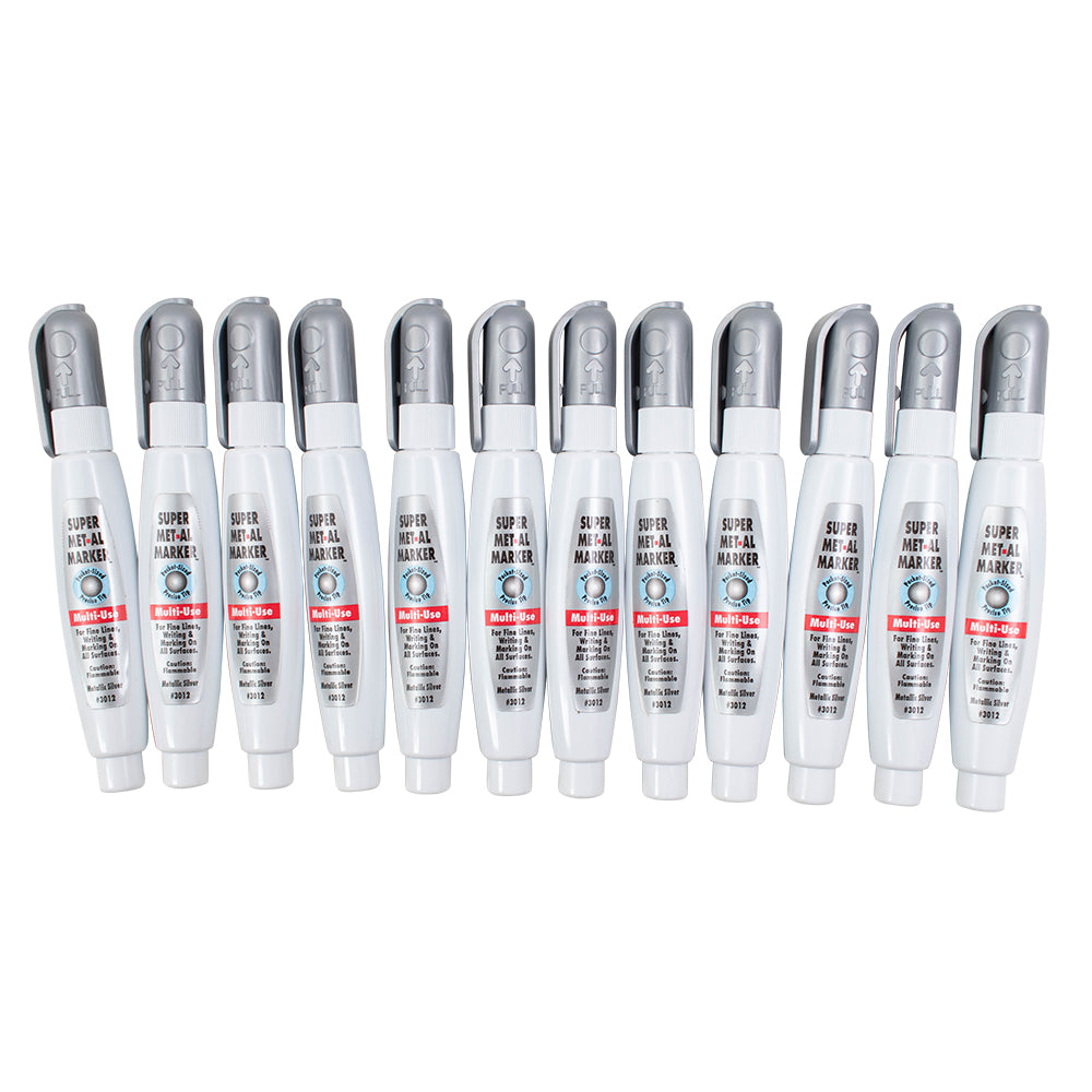 12 Pc Set Metallic Silver Super Met-Al Fine Tip Paint Marker Pens 1.4mm Weatherproof Stone Rubber Plastic Glass for Industrial Auto Trade