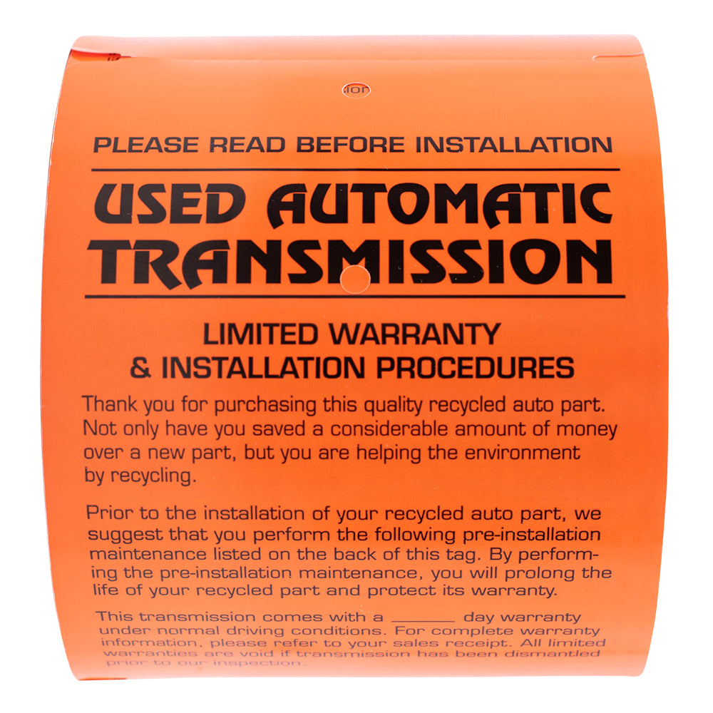 250 Pc Box Used Automatic Transmission Pre-Installation Tags 4" x 5 1/2" Weatherproof Polysteel Label for Auto Shop Repair Salvage Recycling