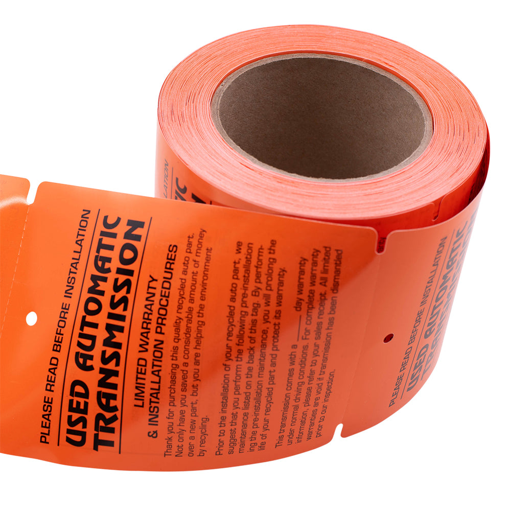 250 Pc Box Used Automatic Transmission Pre-Installation Tags 4" x 5 1/2" Weatherproof Polysteel Label for Auto Shop Repair Salvage Recycling