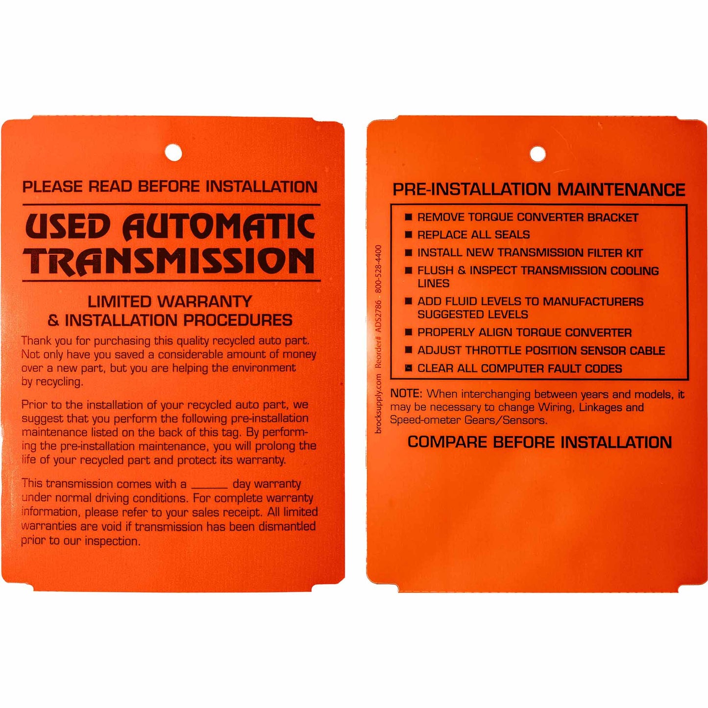 250 Pc Box Used Automatic Transmission Pre-Installation Tags 4" x 5 1/2" Weatherproof Polysteel Label for Auto Shop Repair Salvage Recycling