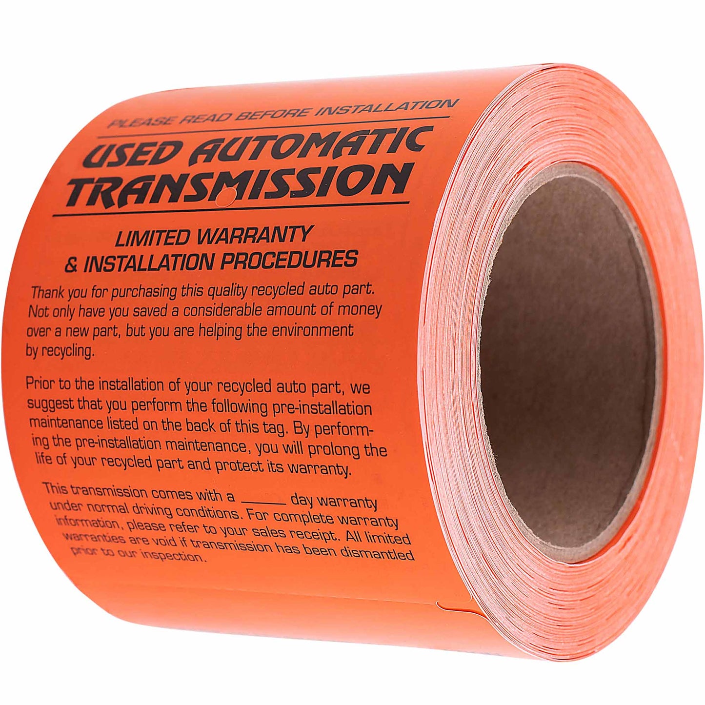 250 Pc Box Used Automatic Transmission Pre-Installation Tags 4" x 5 1/2" Weatherproof Polysteel Label for Auto Shop Repair Salvage Recycling